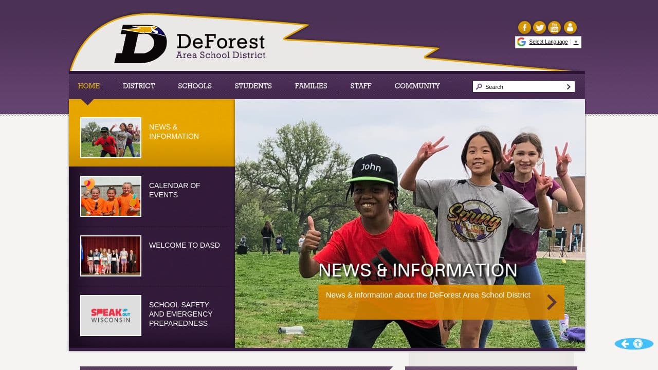 DeForest Area School District website screenshot