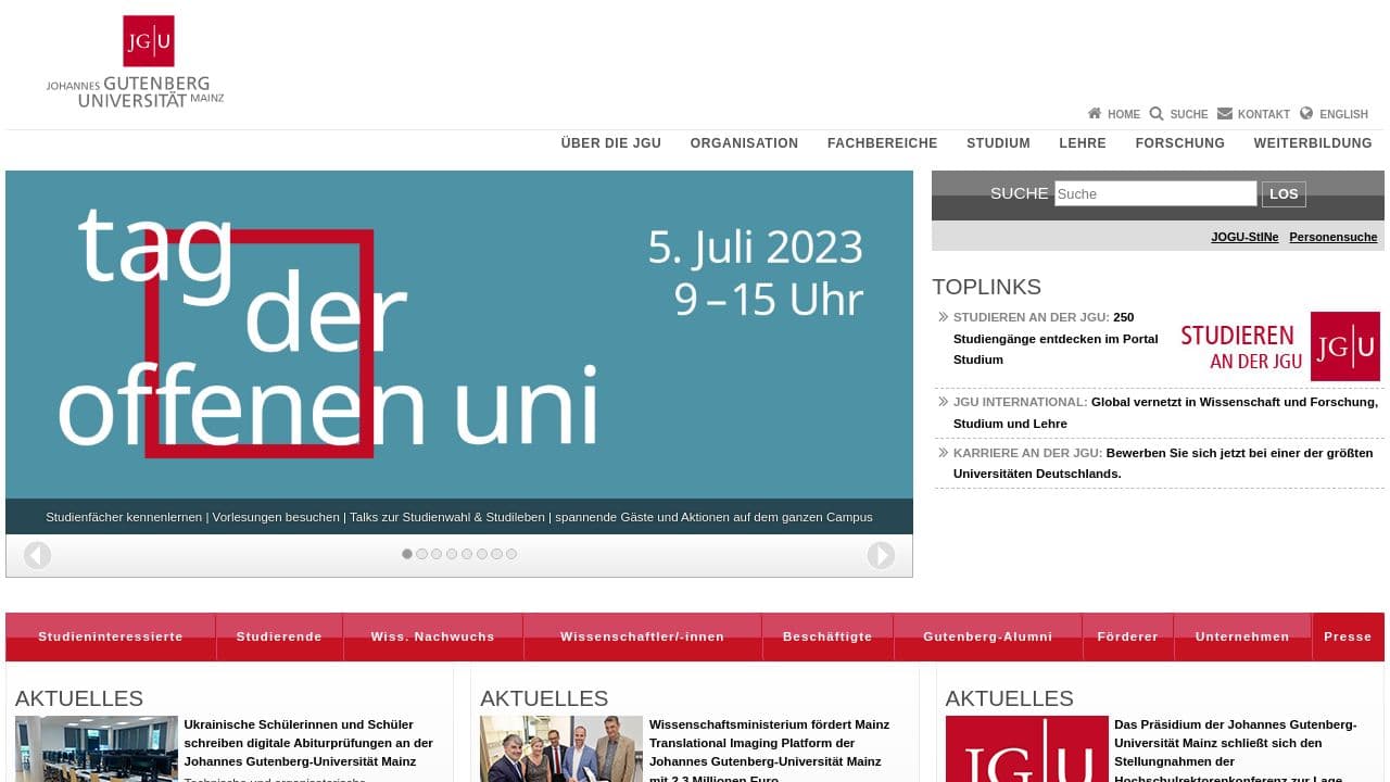 Johannes Gutenberg University Mainz website screenshot