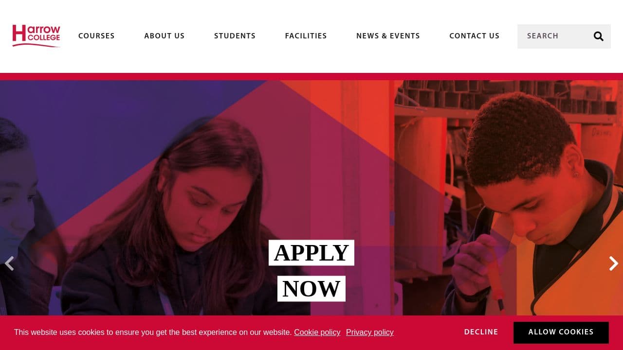 Harrow College website screenshot