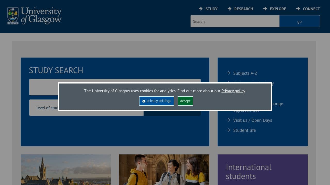 University of Glasgow website screenshot