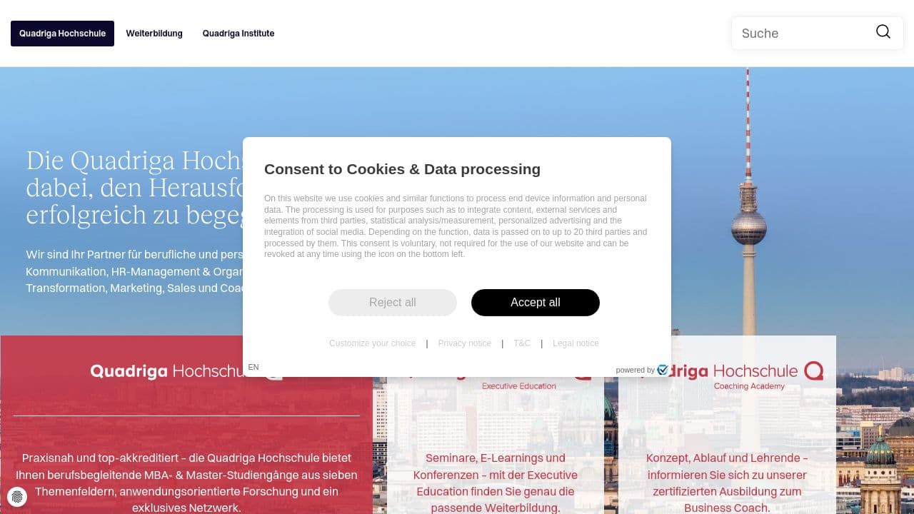Quadriga University of Applied Sciences website screenshot