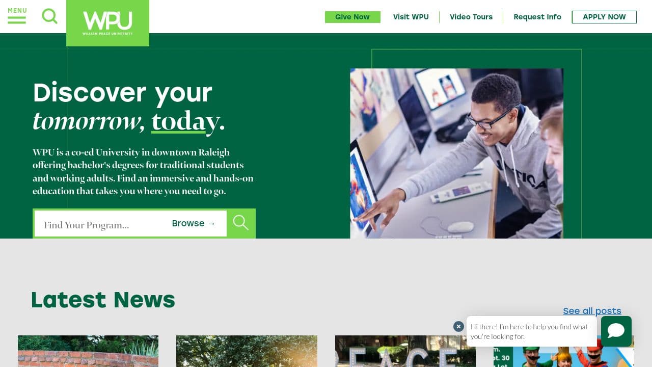 william peace university website screenshot