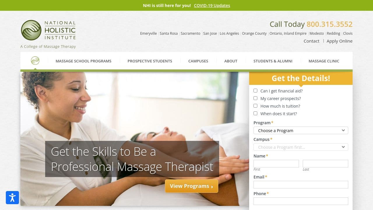 National Holistic Institute website screenshot