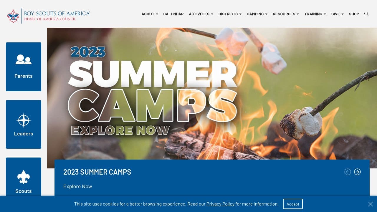 Heart of America Council, BSA website screenshot