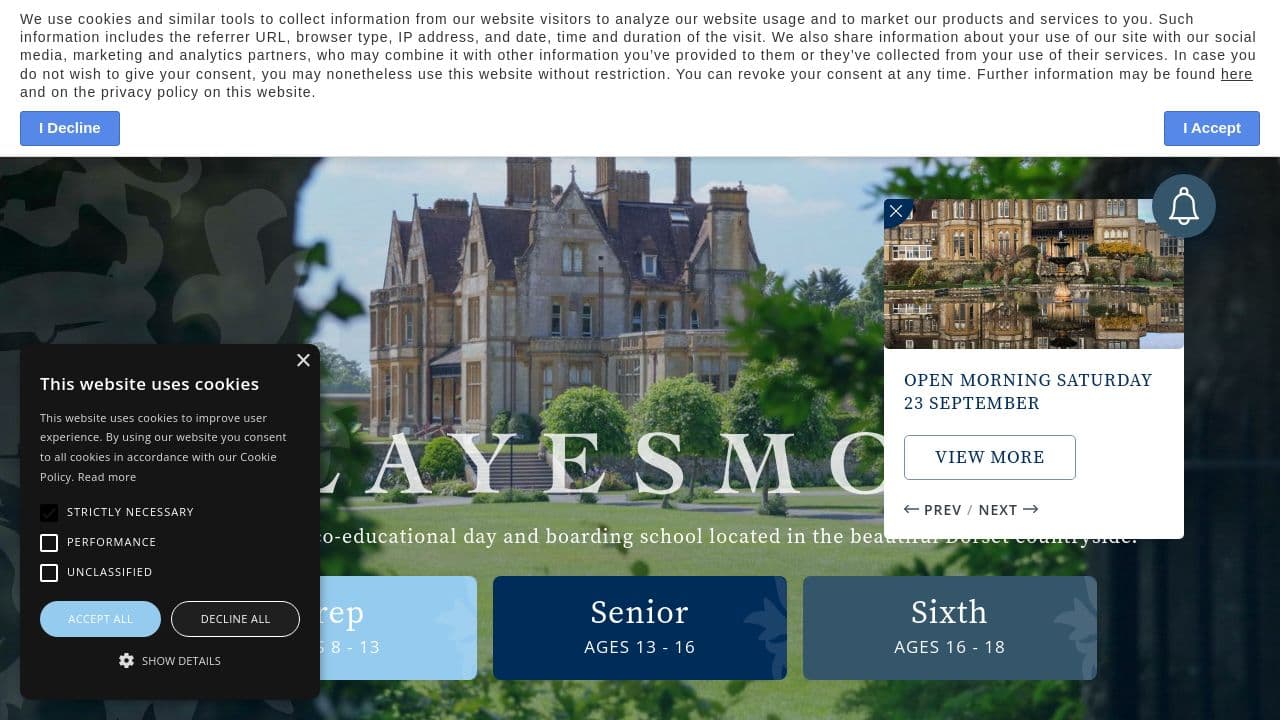 Clayesmore School website screenshot