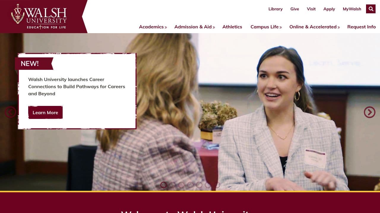 Walsh University website screenshot