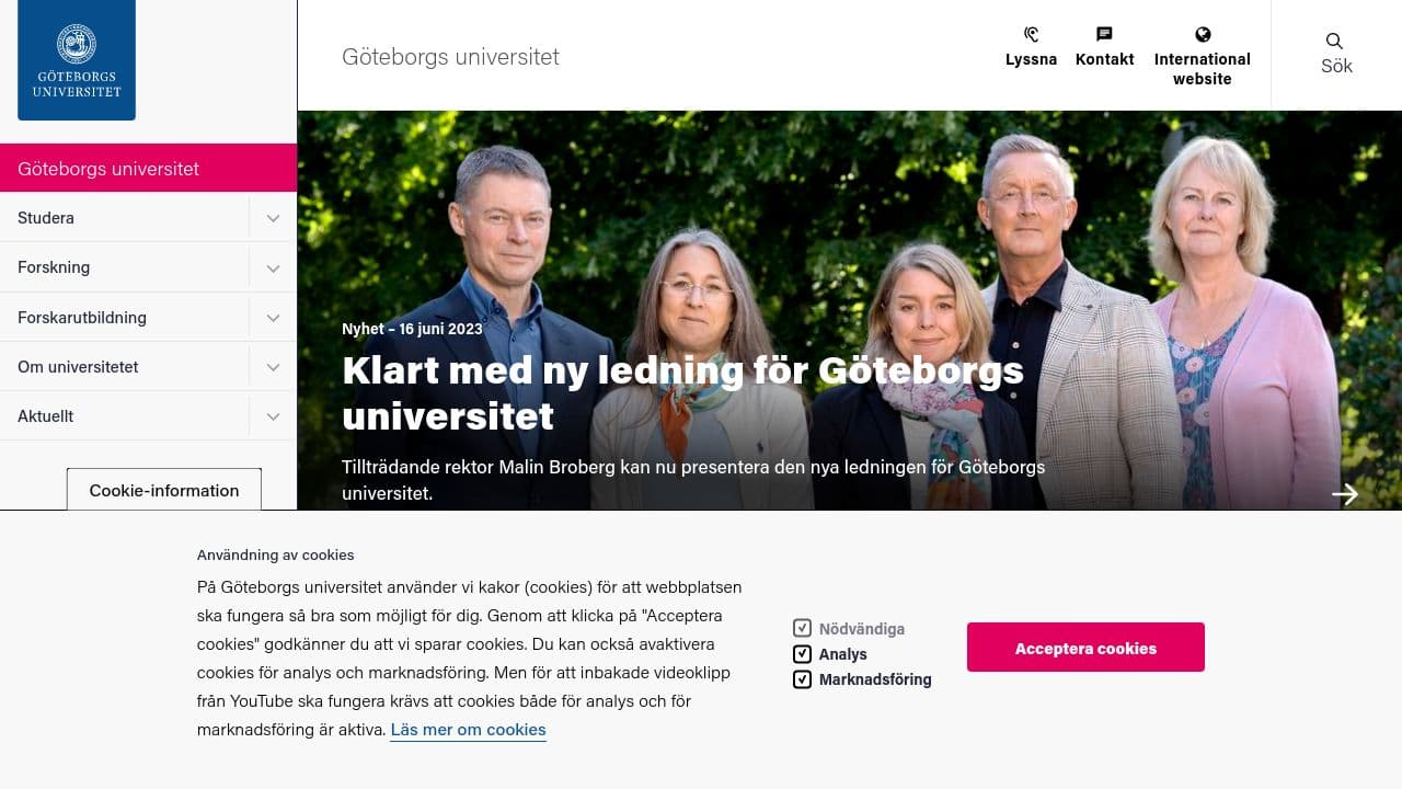 University of Gothenburg website screenshot