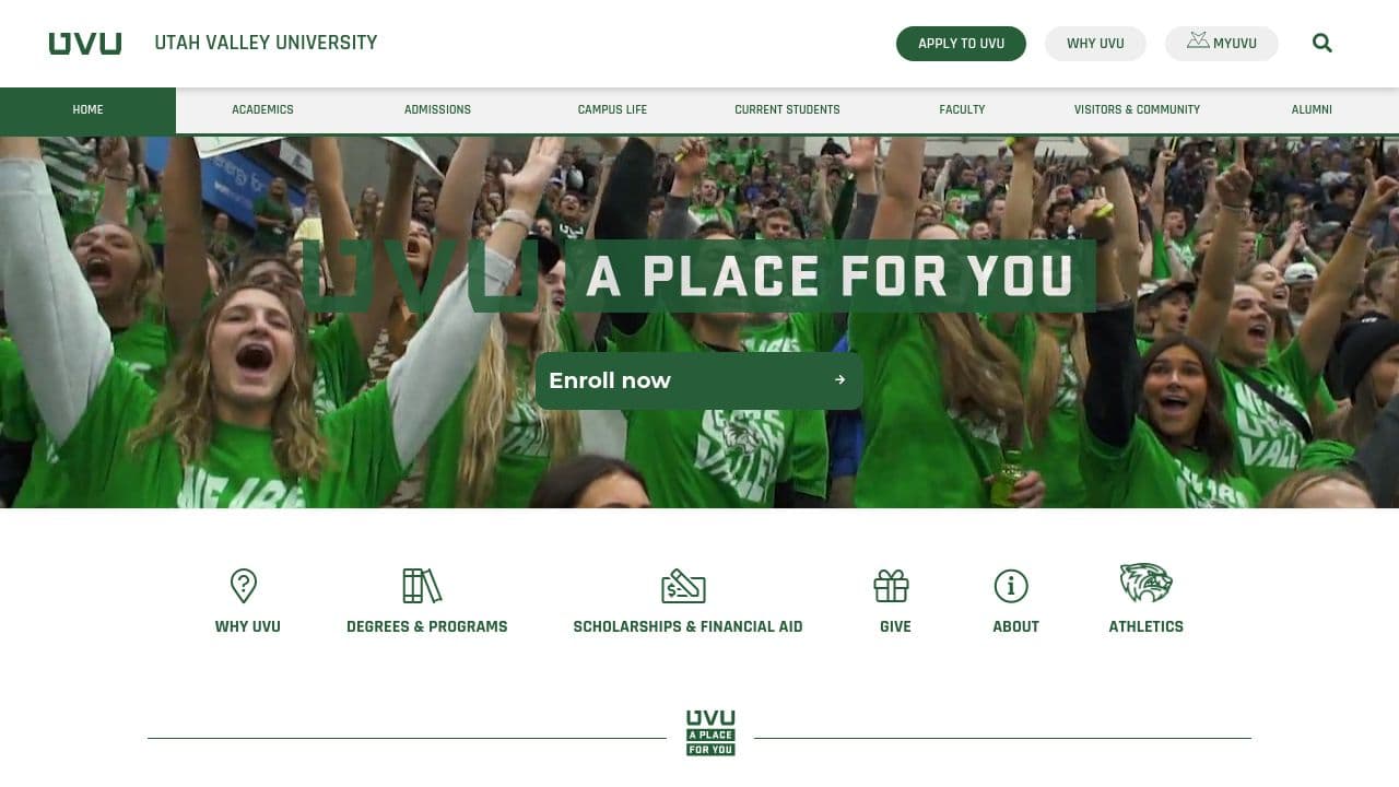 utah valley university website screenshot