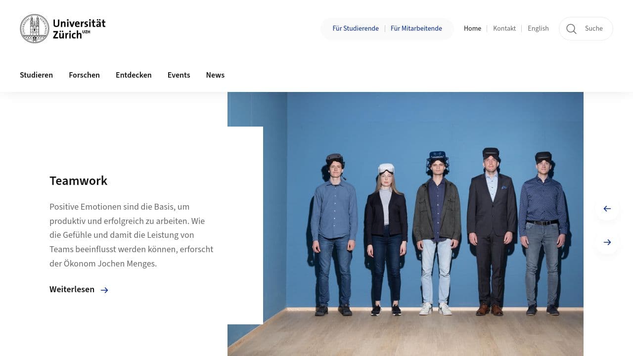 University of Zurich website screenshot