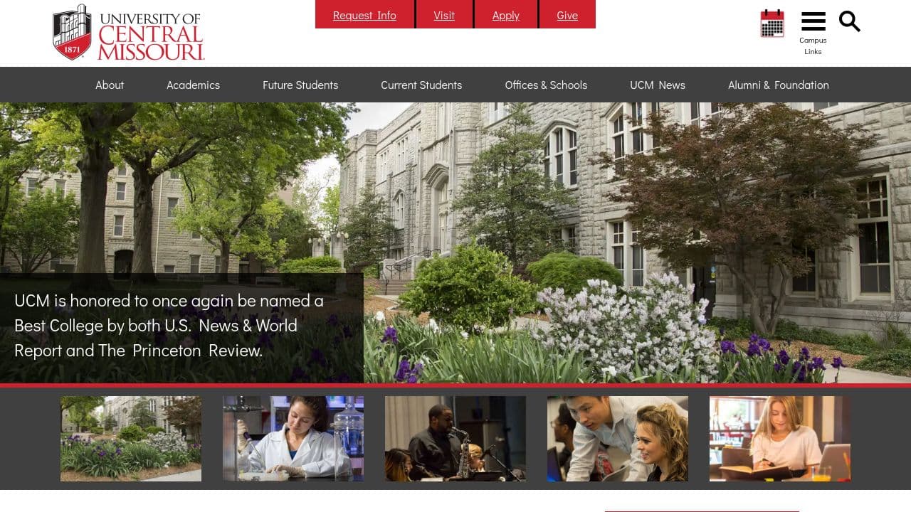 University of Central Missouri website screenshot