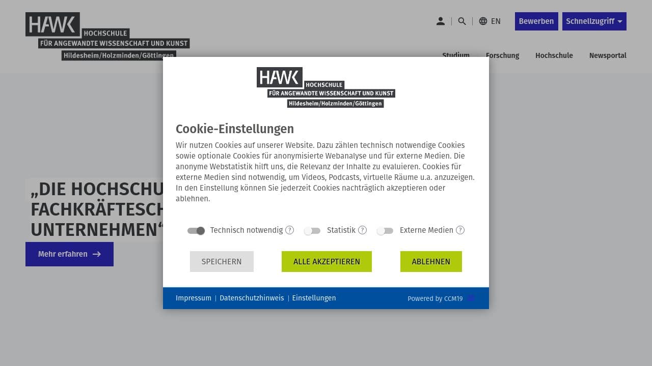 HAWK - University of Applied Science and Arts website screenshot