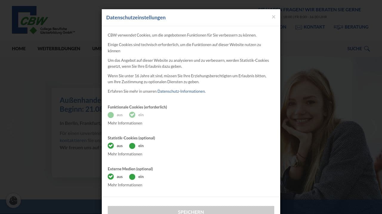 CBW College Berufliche Weiterbildung GmbH website screenshot