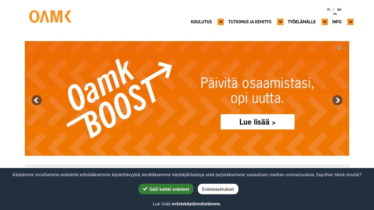 Oulu University of Applied Sciences website screenshot