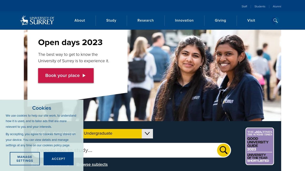 University of Surrey website screenshot