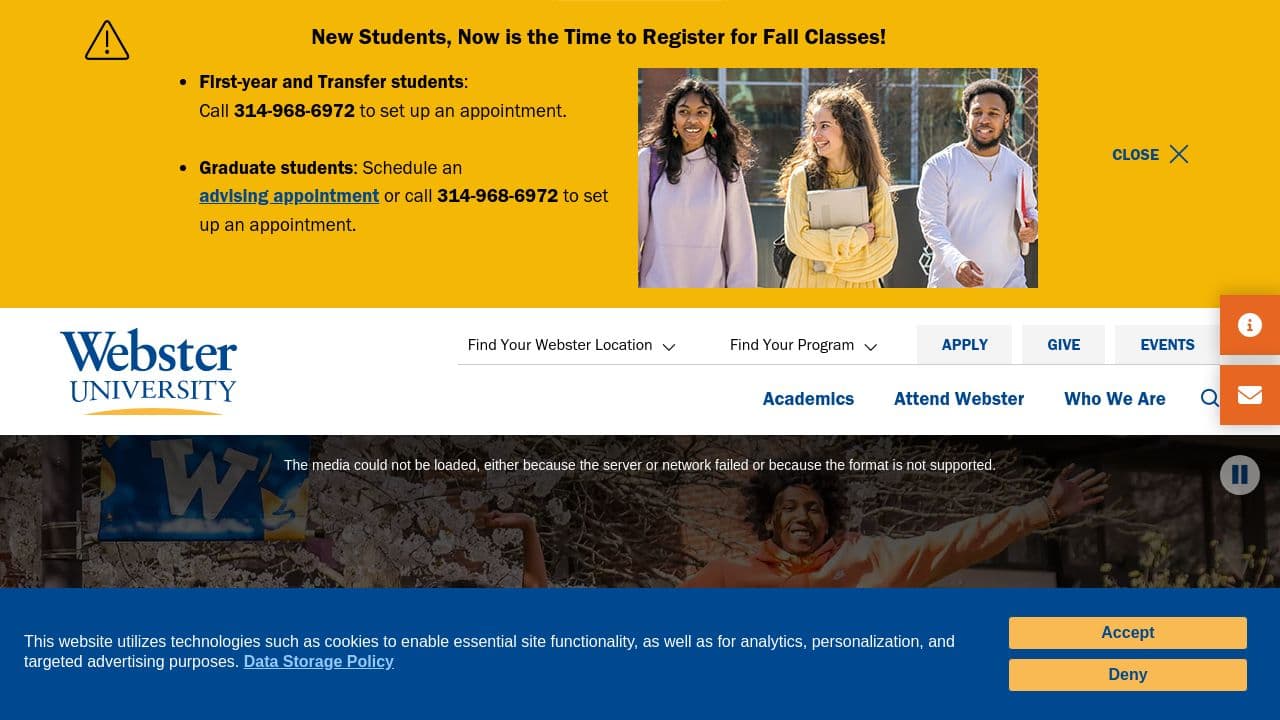 Webster University website screenshot
