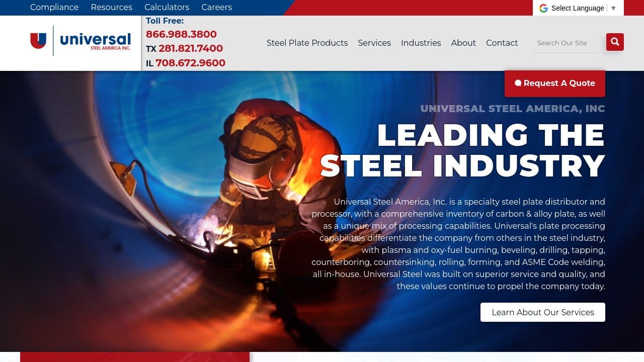Universal Steel America website screenshot