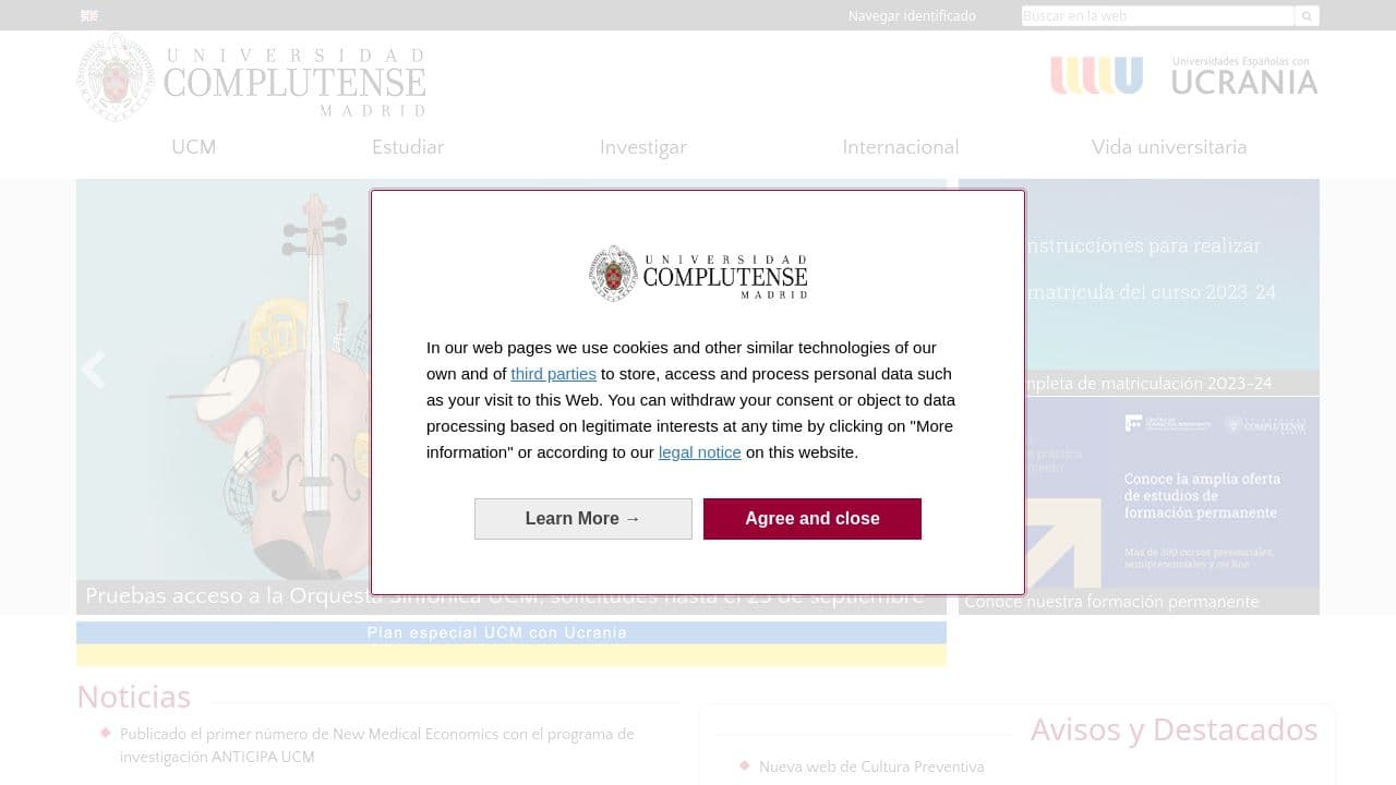 Universidad Complutense de Madrid website screenshot
