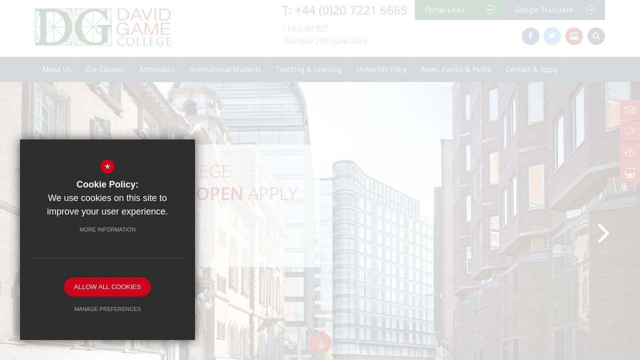 David Game College website screenshot