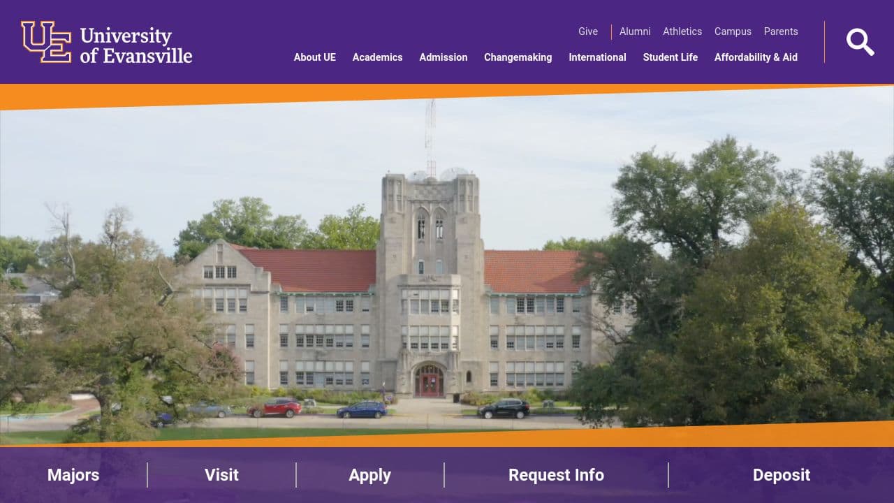 University of Evansville website screenshot