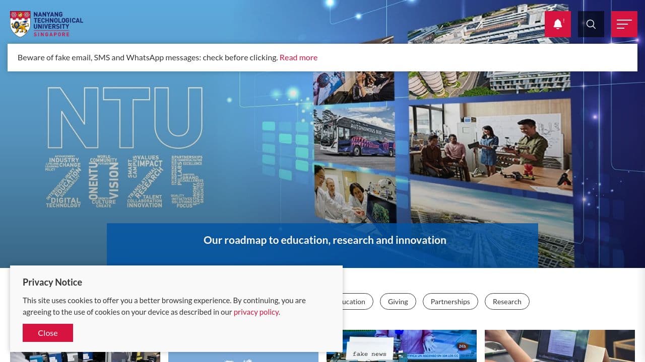 Nanyang Technological University Singapore website screenshot