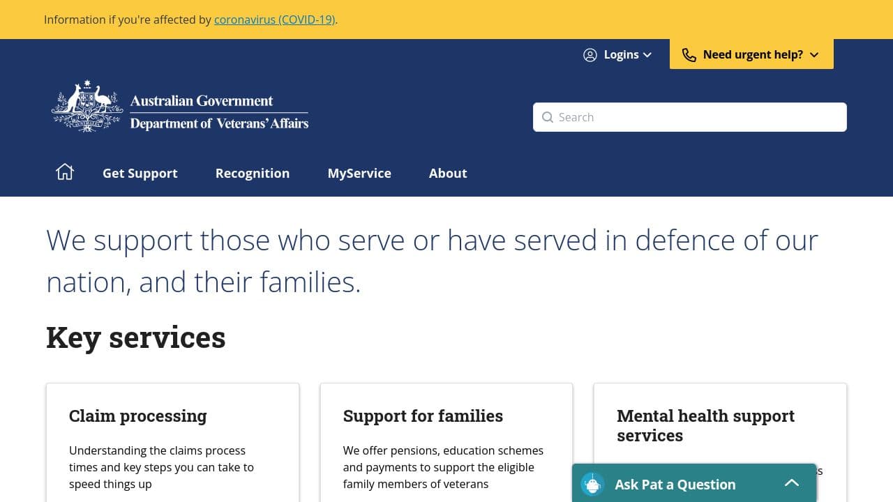 Australian Government Department of Veterans'​ Affairs website screenshot
