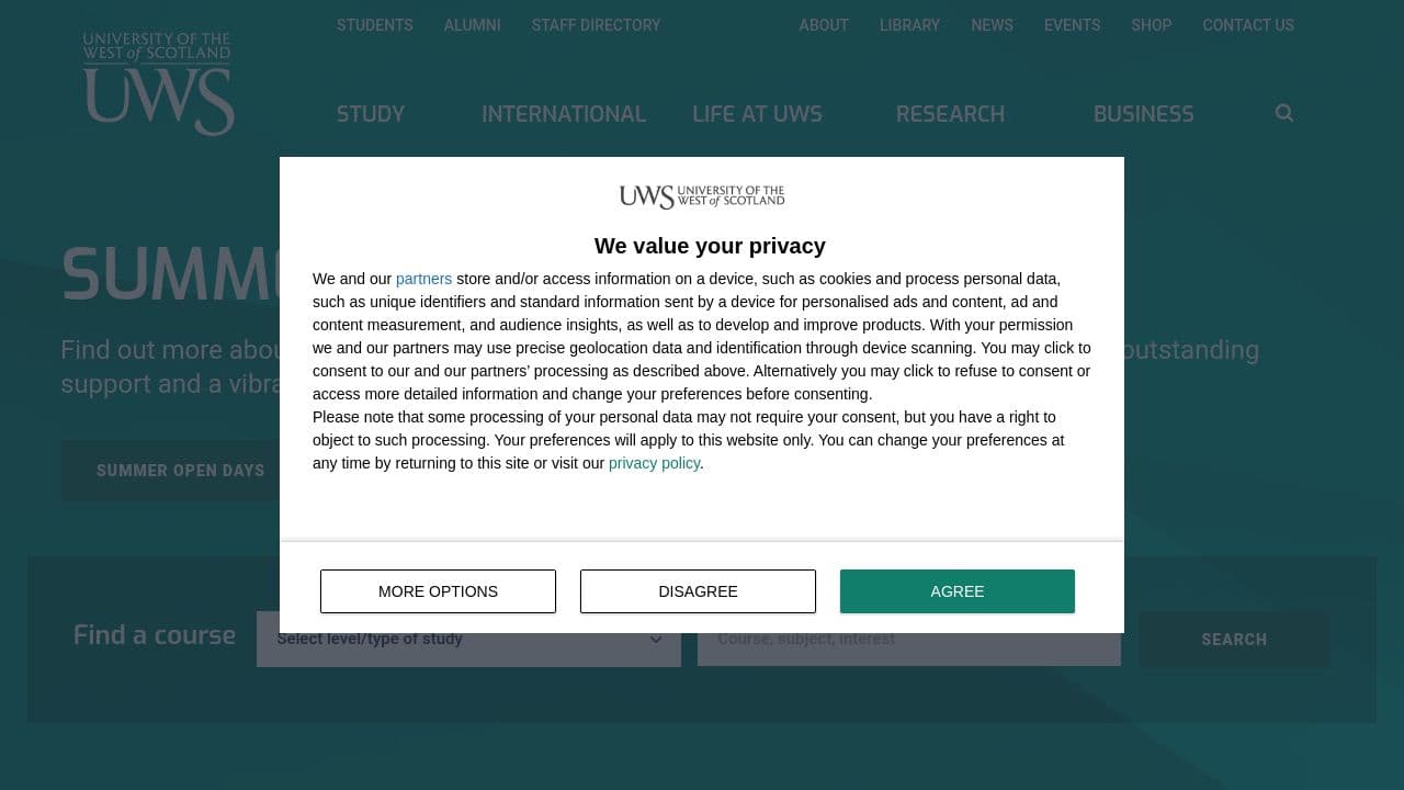 University of the West of Scotland website screenshot