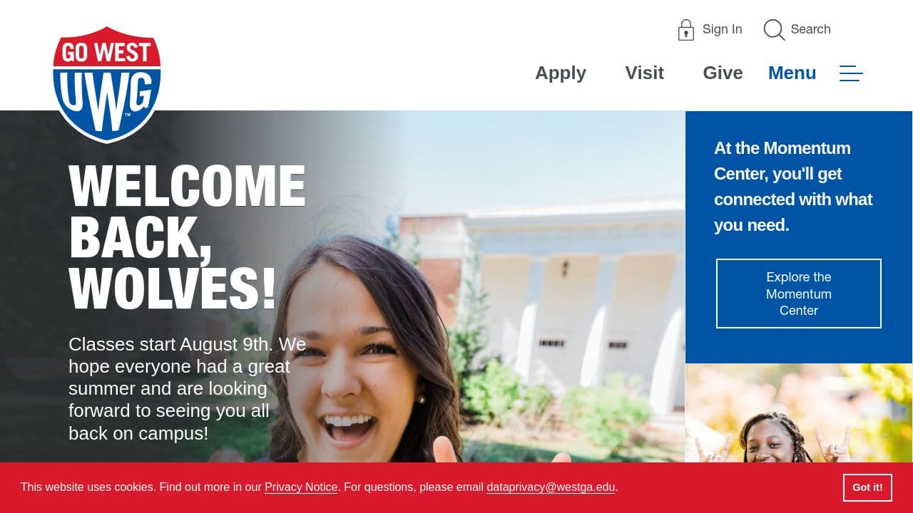 University of West Georgia website screenshot
