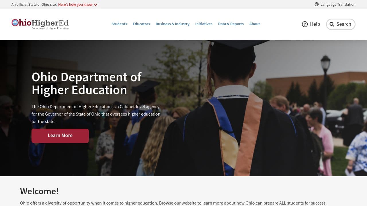 Ohio Department of Higher Education website screenshot