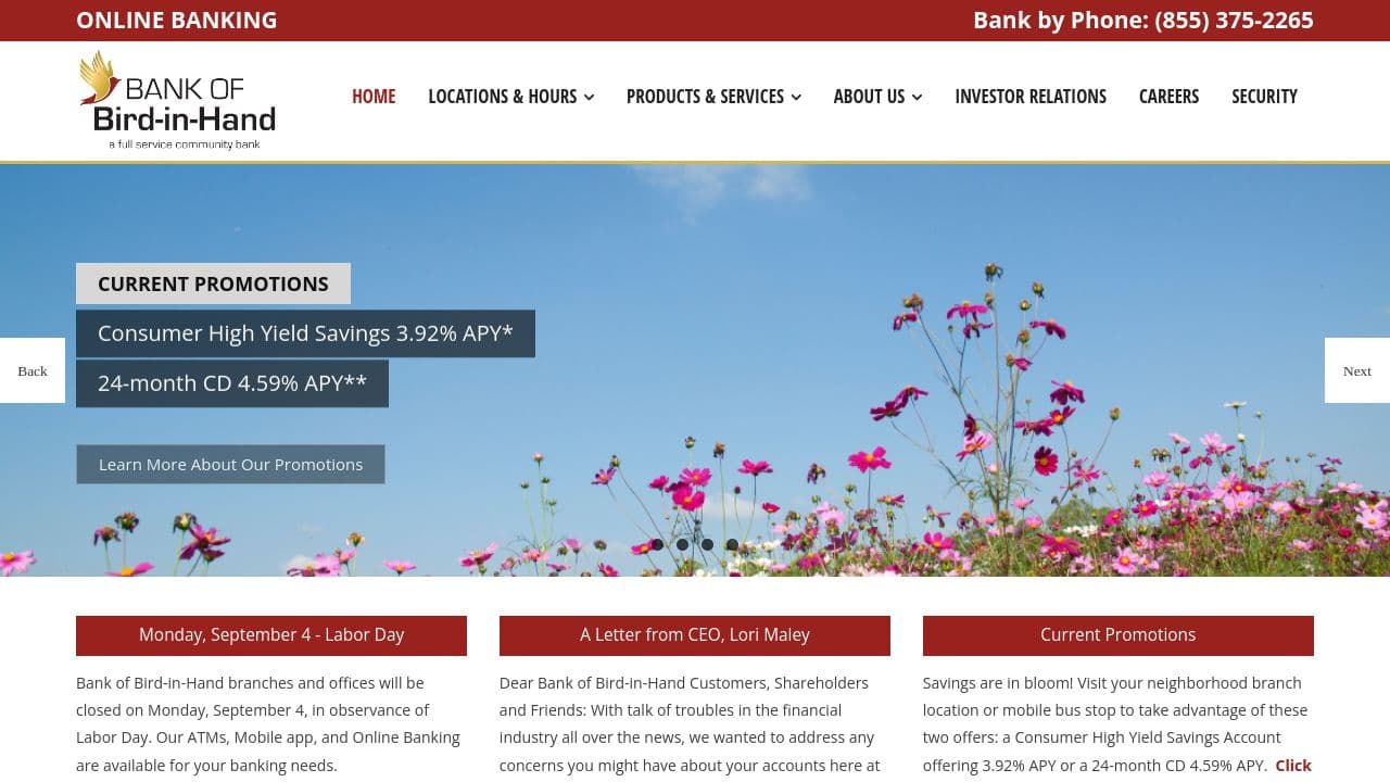 Bank of Bird-in-Hand website screenshot