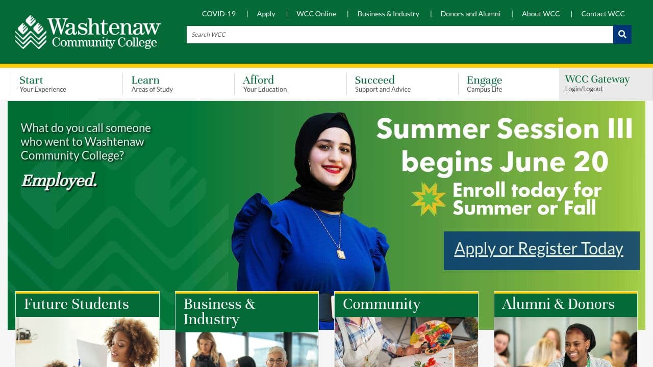 Washtenaw Community College website screenshot
