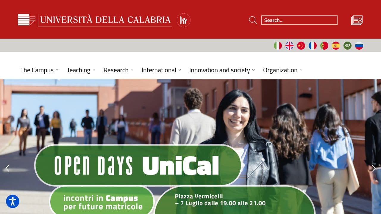 University of Calabria website screenshot