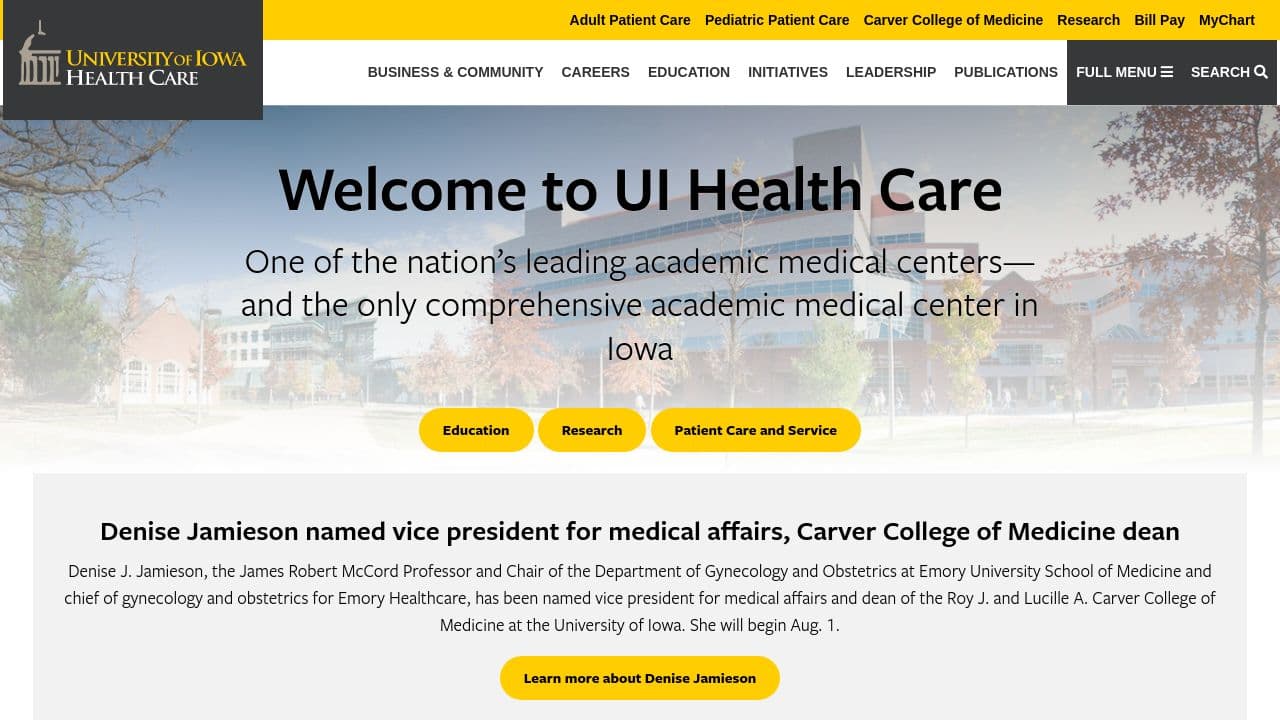 University of Iowa Health Care website screenshot