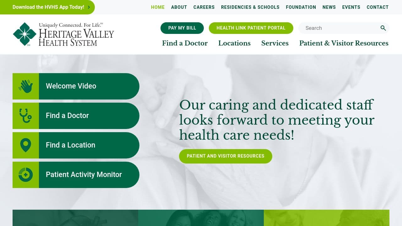 Heritage Valley Health System website screenshot