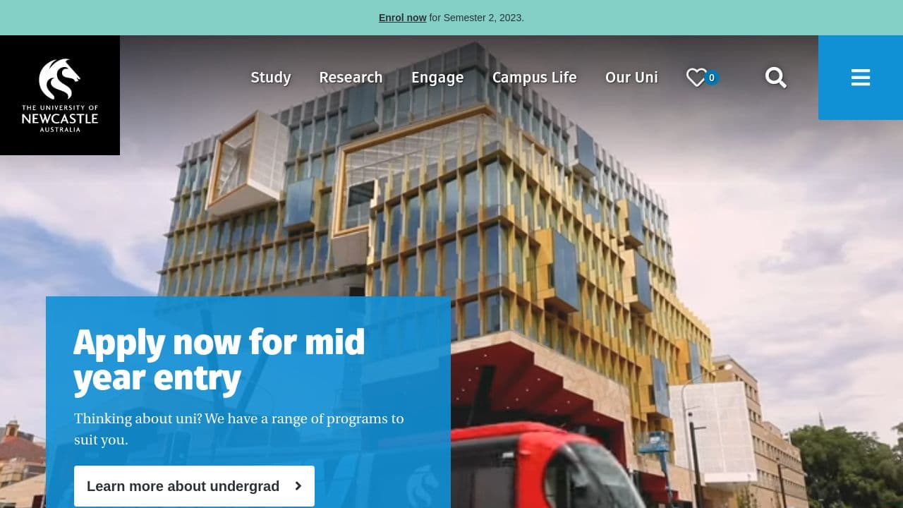 University of Newcastle website screenshot