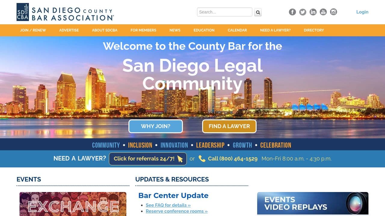 The San Diego County Bar Association website screenshot