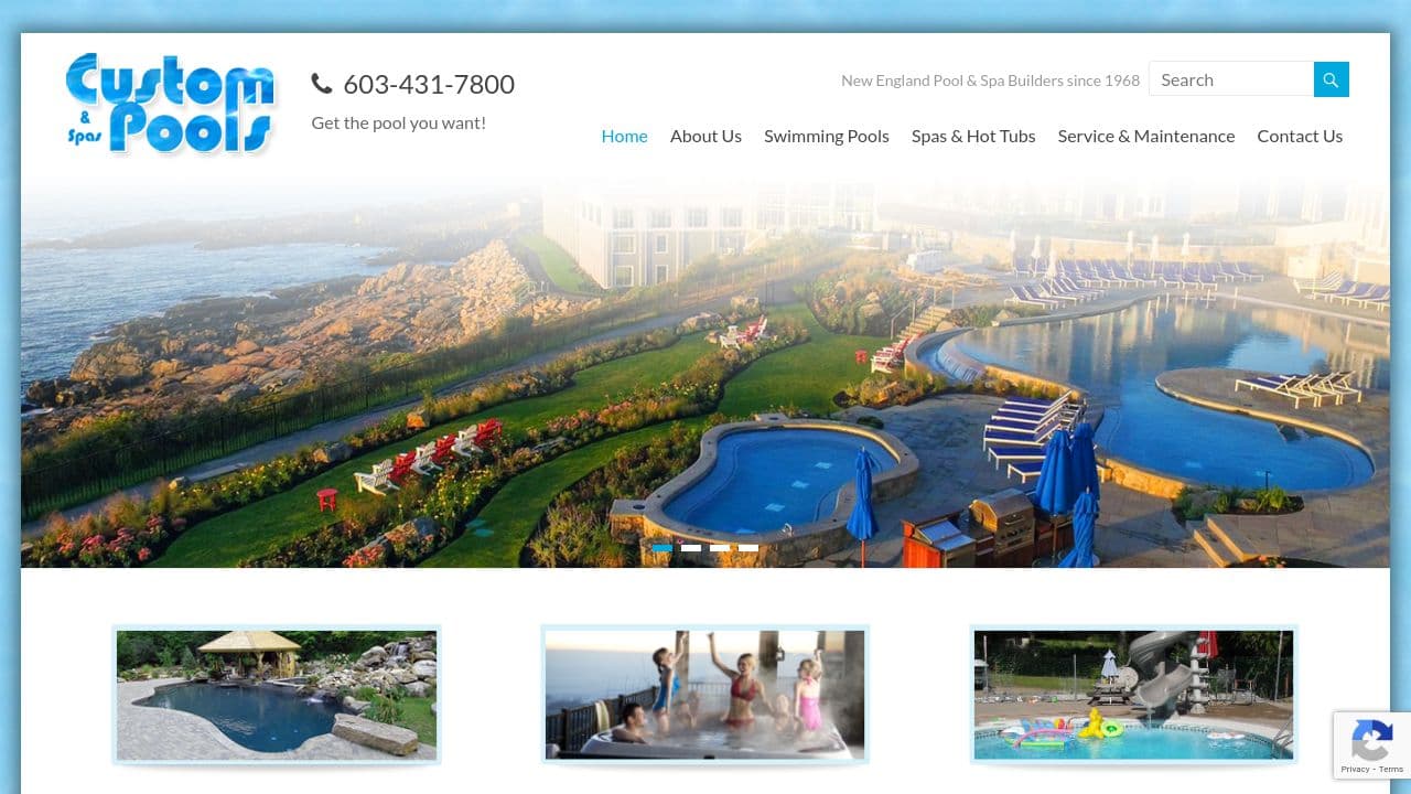 Custom Pools and Spas website screenshot