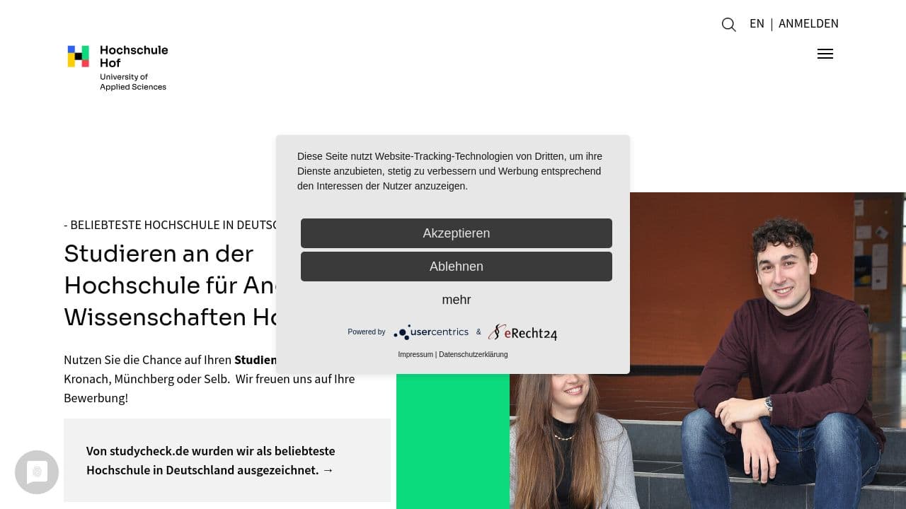 Hochschule Hof, University of Applied Sciences website screenshot