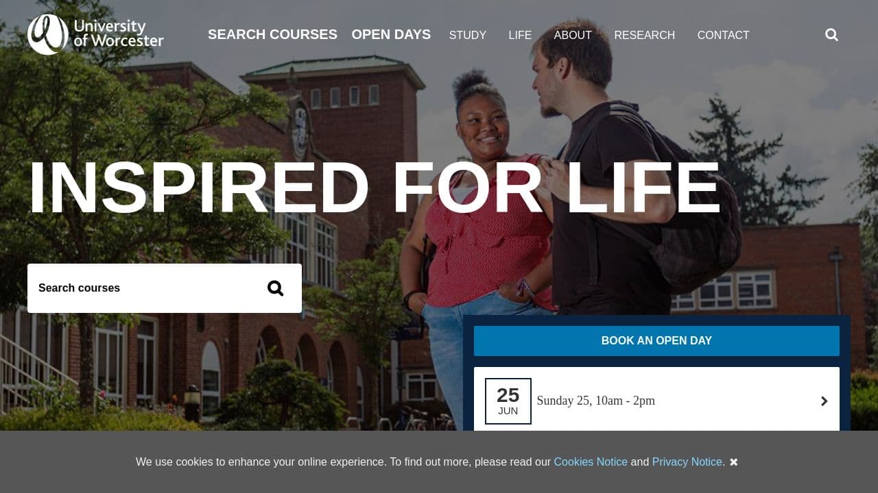 University of Worcester website screenshot