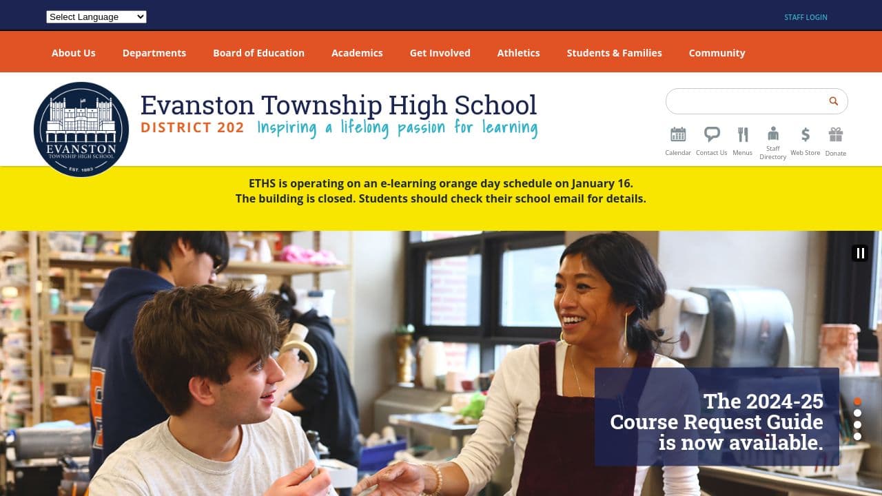 Evanston Township High School (ETHS) website screenshot