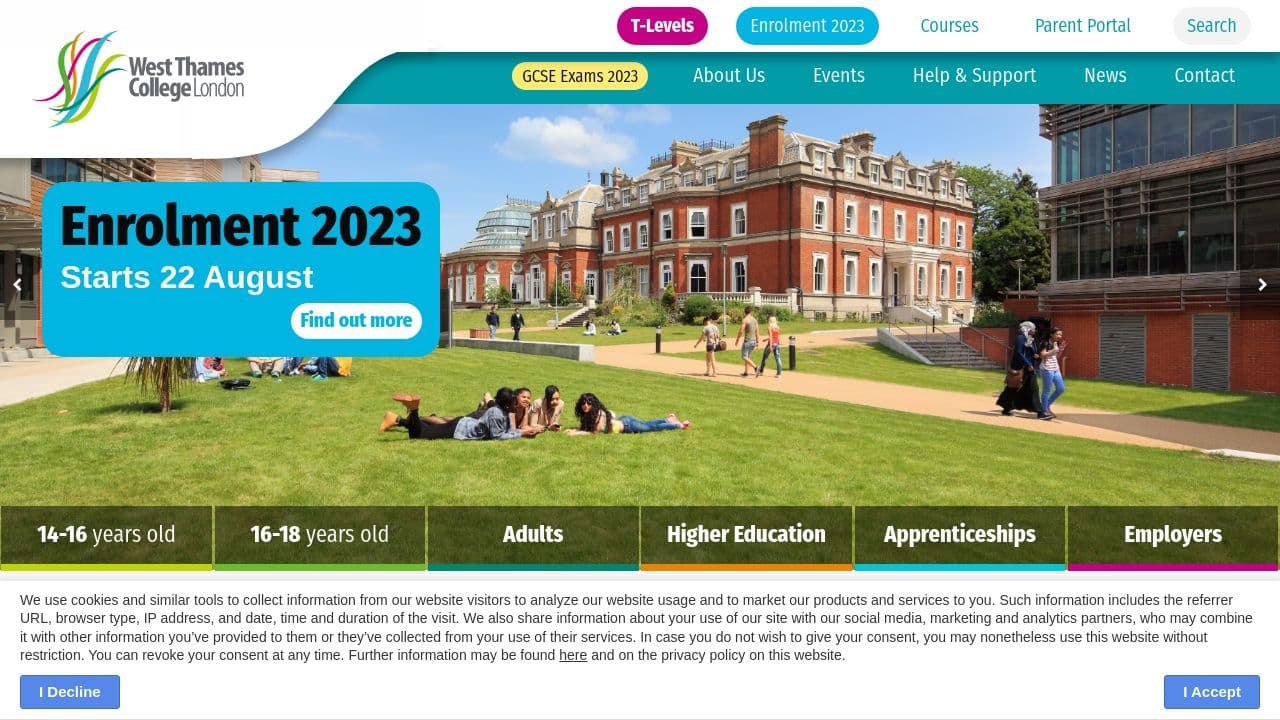 West Thames College website screenshot