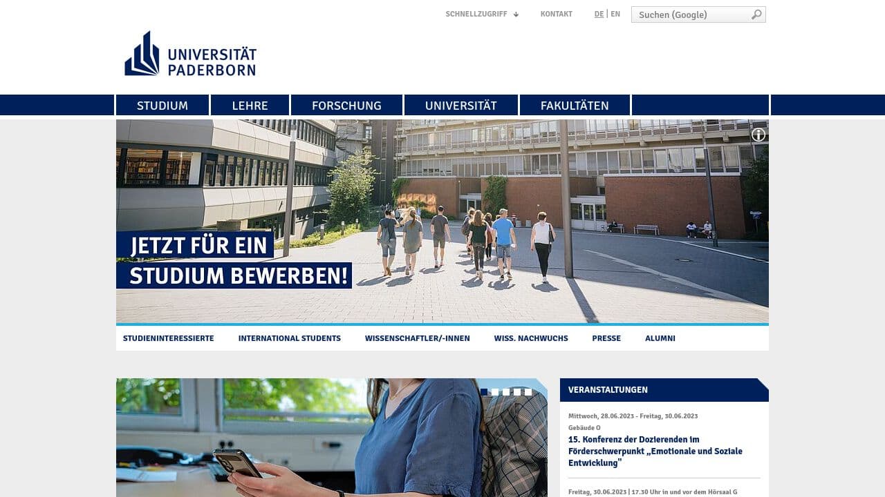 Paderborn University website screenshot