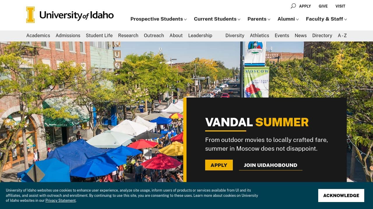 University of Idaho website screenshot
