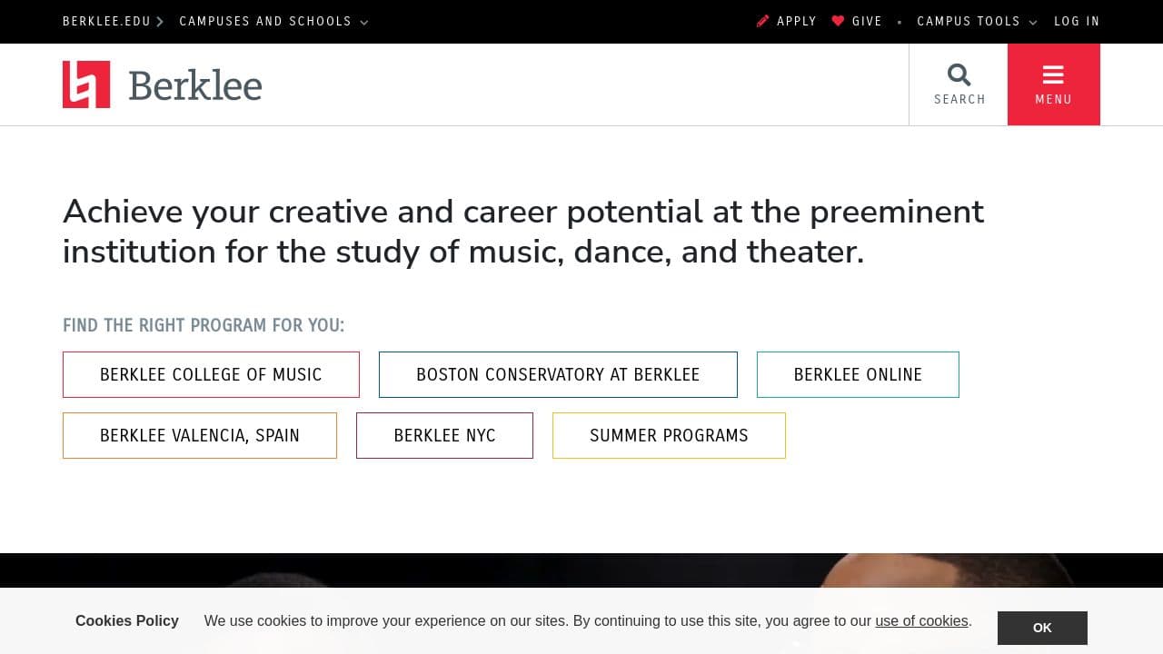 Berklee College of Music website screenshot