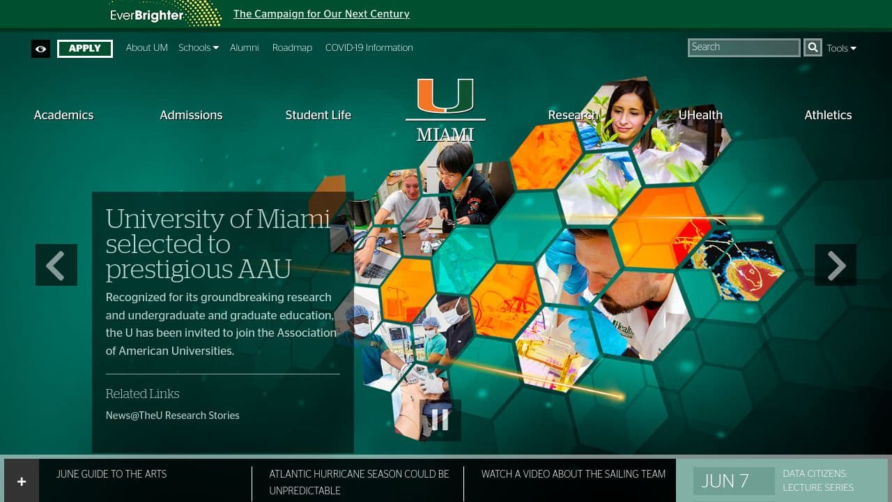 University of Miami website screenshot