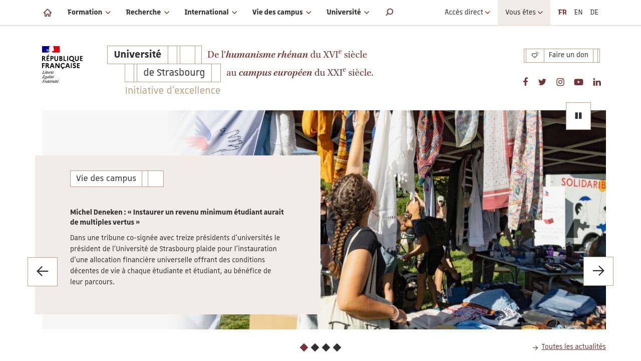 University of Strasbourg website screenshot