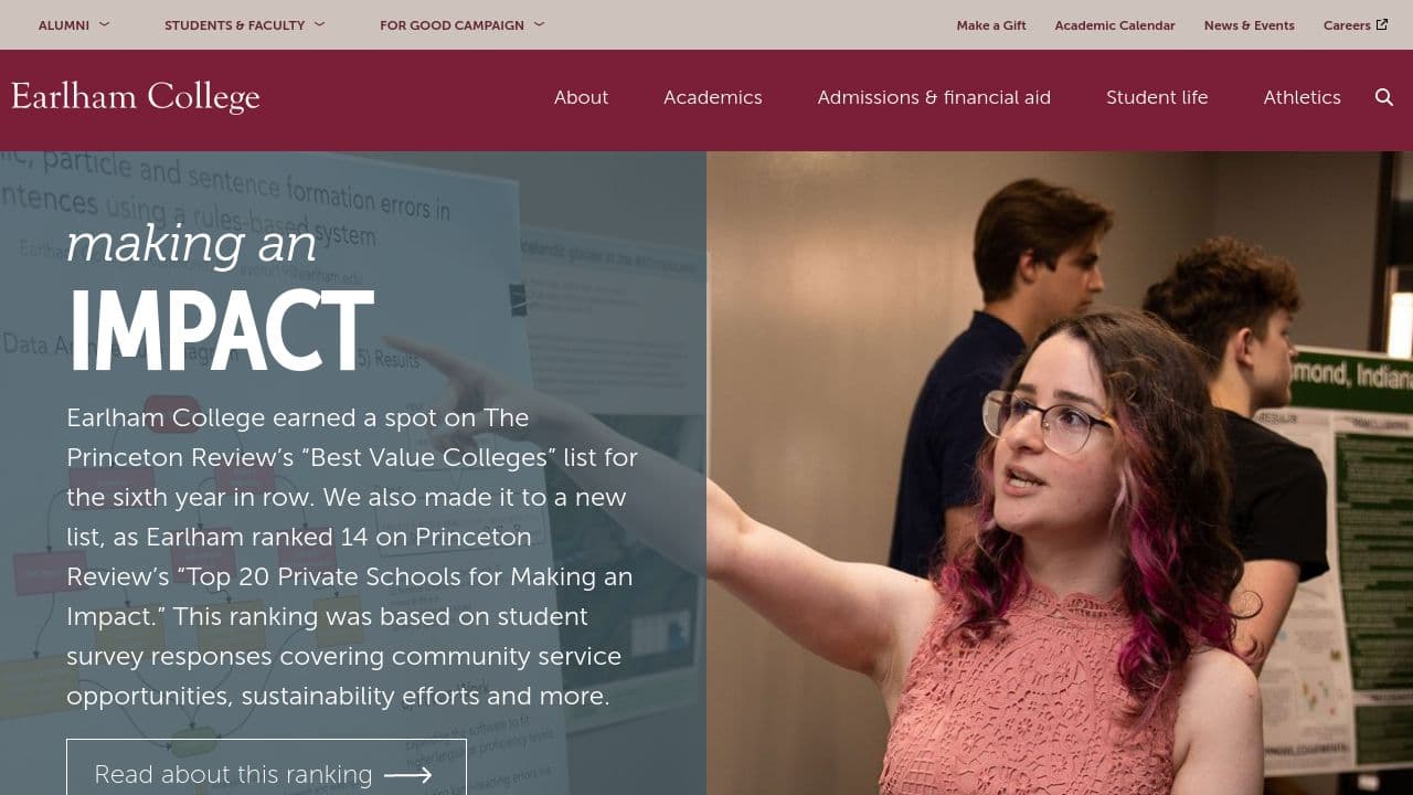 Earlham College website screenshot
