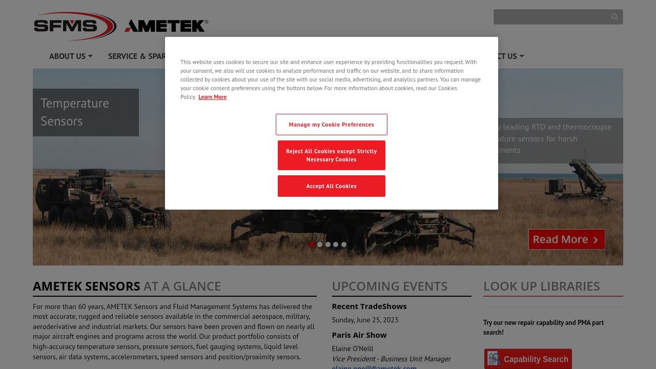 AMETEK Sensors & Fluid Management Systems website screenshot