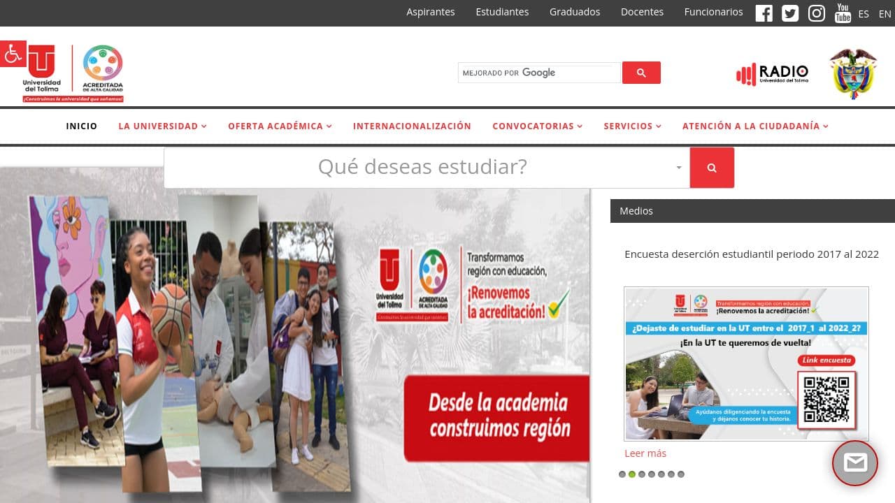 Universidad del Tolima website screenshot