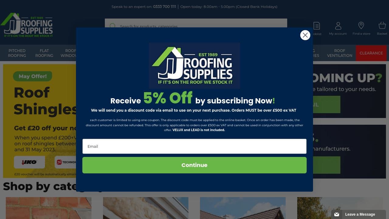 JJ Roofing Supplies website screenshot