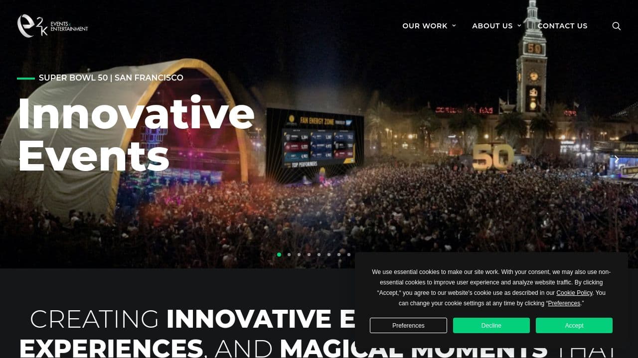 e2k events x entertainment website screenshot
